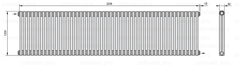 Схема (чертеж) Радиатор Zehnder Charleston 2120/48 №1670 Белый глянцевый RAL 9016